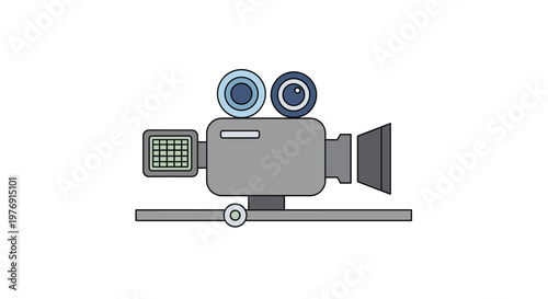 A sleek grey vintage film camera rests on a metal studio track against a pristine white backdrop with soft blue lens accents and precise line details.
