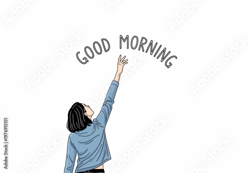Inspirational Good Morning Illustration with Woman Reaching Up, Minimalist Line Art Concept for Positive Start and Daily Motivation