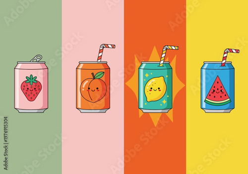 Kawaii Fruit Soda Cans Vector Illustration Set - Strawberry, Peach, Lemon, and Watermelon Designs