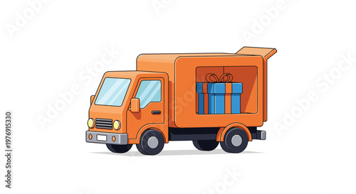 A vibrant orange delivery truck carries a large blue gift box with a decorative ribbon inside its open cargo bay against a clean white background.