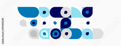 Abstract geometric shapes, varying blues, grays, white background. Minimalist composition, modern design elements present.