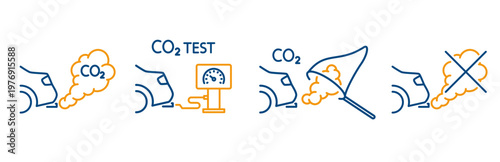 co2 car emission icons, set icon of emission co2 test, smoke from the car, capture, forbidden exhaust gases, air pollution concept, thin outline editable stroke