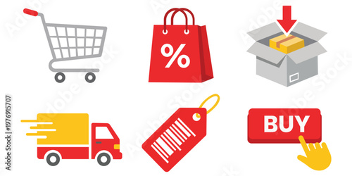 Digital Shopping icons: A collection of vibrant icons represent various aspects of online shopping, from the initial cart selection to the final purchase and delivery process.