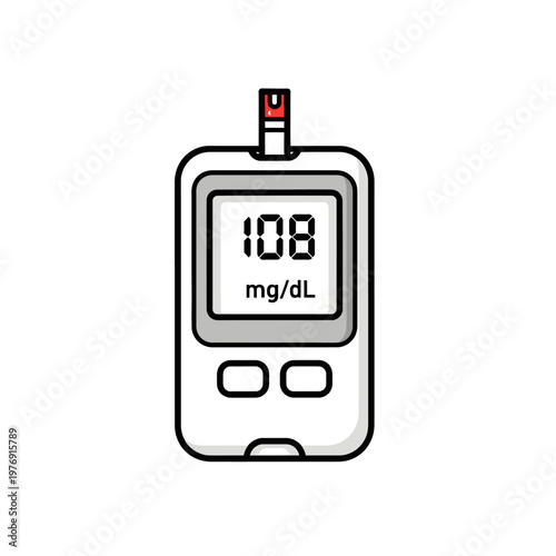 Blood glucose meter with a reading of 108 mg/dL, white background.