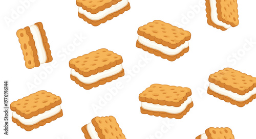 Floating sandwich cookies with thick creamy white filling drift across a soft beige background in this vibrant culinary display with crisp golden textures.