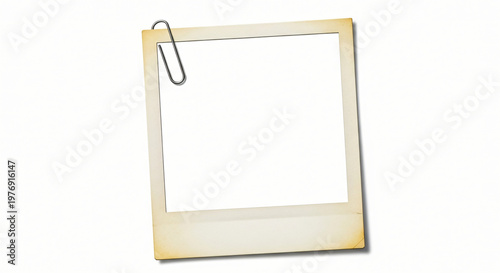 Blank instant photo frame with paper clip isolated PNG, retro style picture template for memories and design use on white background 