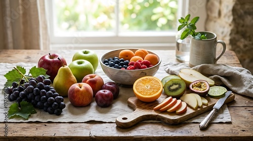 Fresh fruit on wooden table.