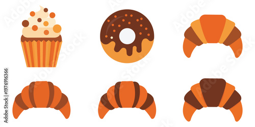 Sweet Treats Galore: An appetizing assortment of pastries and baked goods, showcasing a delectable cupcake, a chocolate-glazed donut, and several golden croissants.