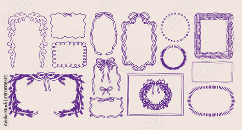 hand drawn purple frames, aesthetic decorative border sketches, creative scrapbook frame art, purple line art borders, vintage frame doodle set, hand drawn ornate frames, elegant purple border drawing