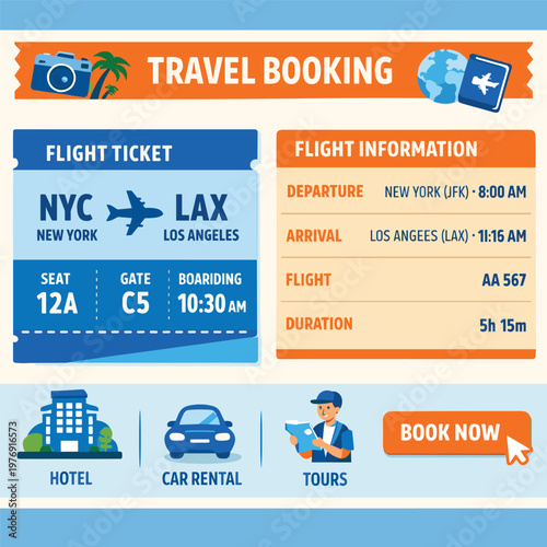 Travel Booking Flight Ticket With Camera With Palm Tree