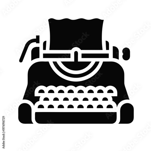 Vintage typewriter, black icon, writing symbol, office equipment