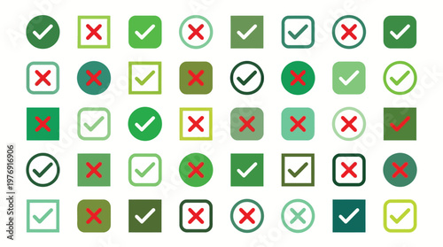 Check tick mark icon set. Cross box x check mark checkbox v list vector draw hand drawn sketch doodle brush marker checklist symbol wrong right circle. Vector Illustration