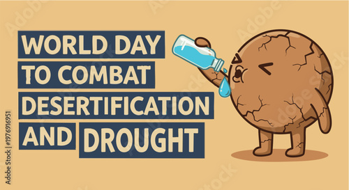 Obraz na płótnie Cracked dry earth character drinking water in cute cartoon style  for World Day to Combat Desertification and Drought with warm brown tones on flat background for environment conservation awareness