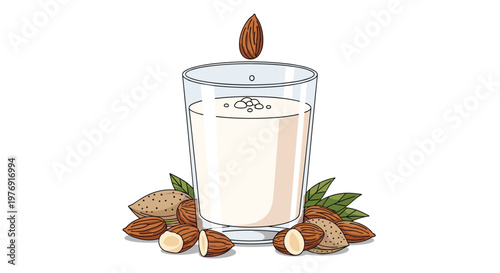 A tall transparent glass filled with creamy almond milk sits surrounded by scattered brown nuts and green leaves under bright natural studio lighting.