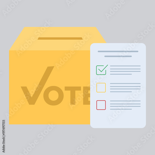 Ballot Box and Vote: Illustration of a ballot box with vote and a ballot sheet, representing election and the act of voting. It symbolizes the democratic process and individual participation.