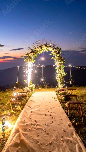 An outdoor wedding ceremony at dusk. A floral archway, adorned with lights and sparklers, frames a white aisle