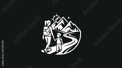 Mother and Child Hike Through Mountainous Landscape