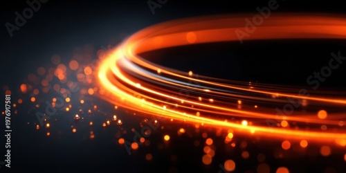 Abstract glowing orange light trails and bokeh particles on dark background