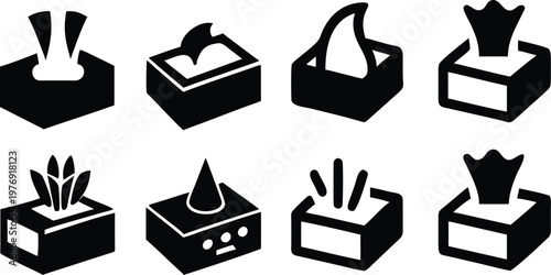Collection of black tissue box icons showing different ways tissues are pulled out from container.