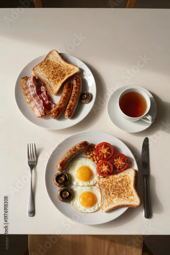 Classic English Breakfast with Tea on Marble Table