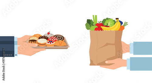 Two hands in professional attire exchange a tray of assorted pastries for a paper bag overflowing with fresh vegetables in a clean, bright environment.