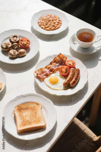 Classic English Breakfast with Tea on Marble Table