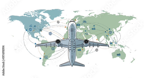 Airplane flying over world map.