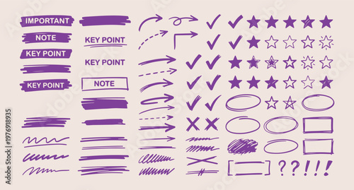 purple marker stroke doodles, checkbox arrow line art, aesthetic planner icon sketches, hand drawn note elements, purple office doodle set, creative key point icons, scrapbook organization marker art
