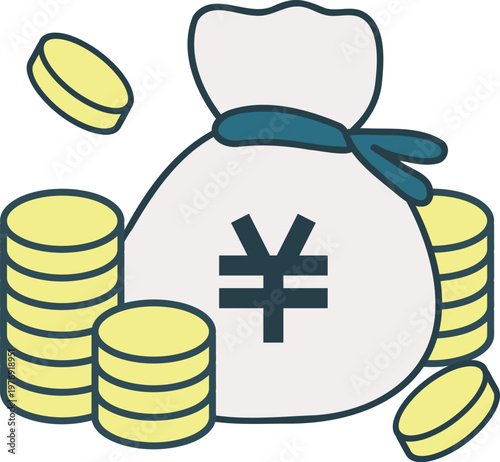 つまれたコインとお金の袋