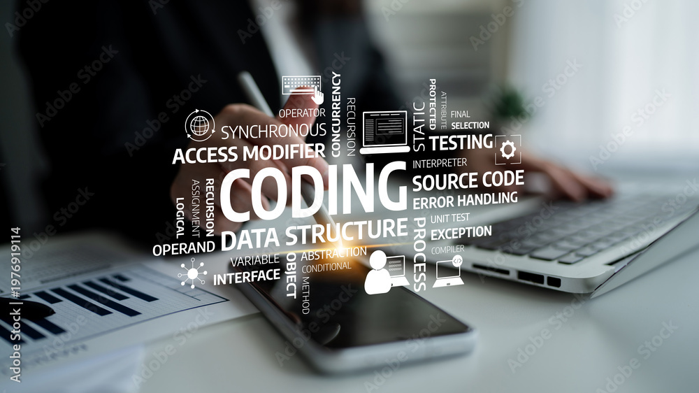 Foto A modern office setting showcasing a hands-on programming scene, featuring coding, data structures, and various technological tools in a creative workspace