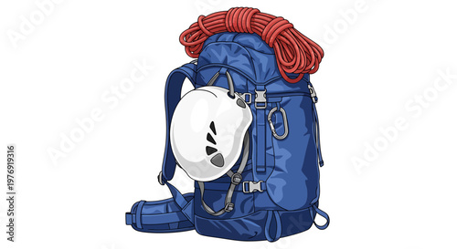 Blue hiking backpack with accessories.