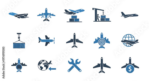 Collection of Various Airplane Icons Depicting Flight and Transportation.