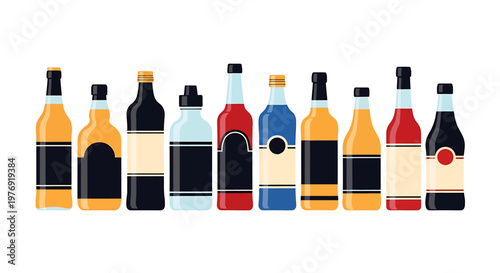 Collection of Various Alcoholic Beverages in Bottles on White Background.