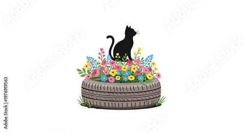 Elegant black cat silhouette perched atop a rustic recycled tire planter overflowing with a dense arrangement of vibrant colorful spring garden flowers.