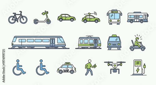 Collection of Various Transportation Icons and Symbols in a Row.