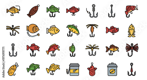 Colorful Fishing Lures and Tackle Icons on White Background.