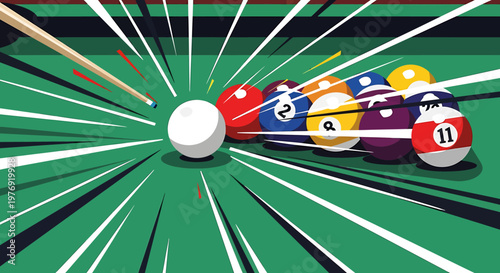 Colorful pool balls on green table.