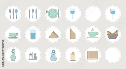 Colorful Restaurant Icons Representing Various Dining Elements.
