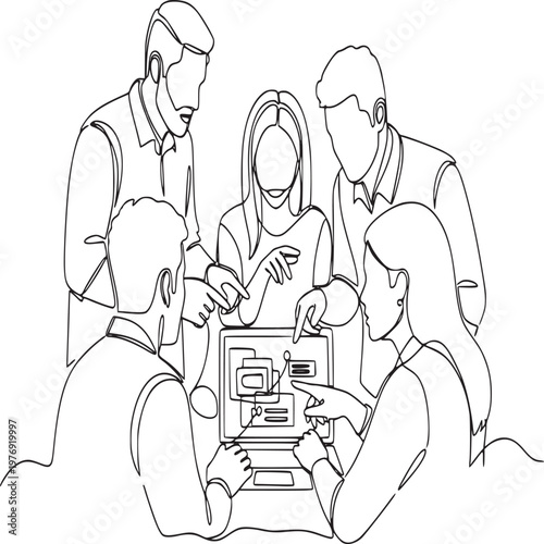 Team of professionals collaborating on laptop in modern office setting line art illustration