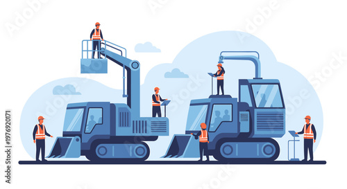 Construction workers on heavy machinery equipment.