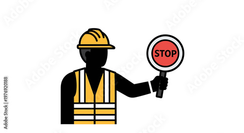 Construction Worker Silhouette Holding Stop Sign for Safety.
