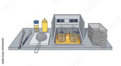 Commercial Deep Fryer with Accessories Ready for Cooking Delicious Food.