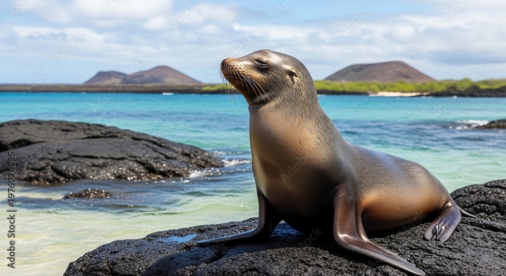 Obraz premium Sea lion resting on volcanic rock near ocean and distant islands