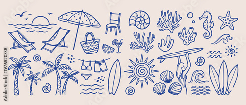 beach essentials surfboard doodles, summer vacation umbrella sketches, aesthetic sea life icons, hand drawn beach gear, tropical holiday line art, ocean side scrapbook elements, creative summer beach 