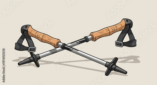 Crossed Hiking Poles Resting on a Light Beige Surface.