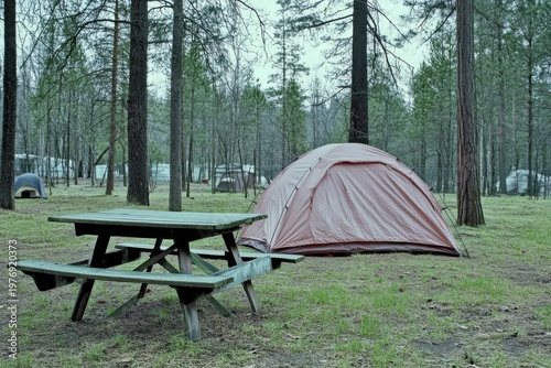 Minimalistic camping scene with tent and picnic table in forest retreat