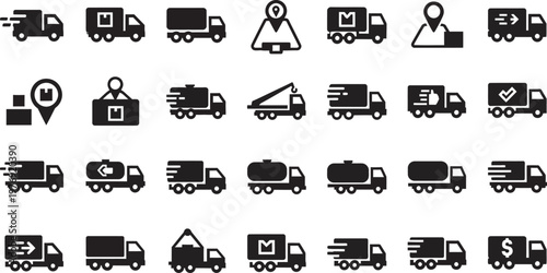 Collection of black delivery truck and logistics icons representing transportation and supply chain services