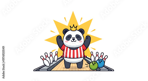 Cute Panda Bear Wearing Crown Celebrating Bowling Victory.