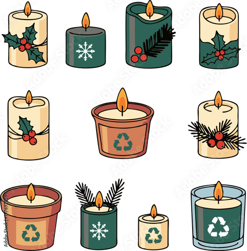 Candle Collection Featuring Festive Christmas Decorations and Eco Friendly Recycling Symbols