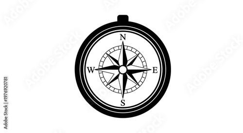 Detailed black and white compass illustration for navigation and direction.
